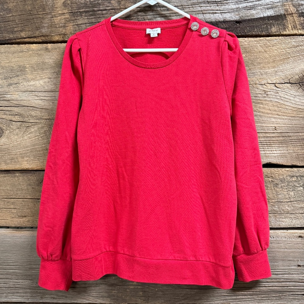 J. Crew pullover with banded cuffs, Rhinestone buttons on shoulder, red, Med
